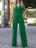 Conjunto de mujer, traje de señora para primavera y verano, chaleco sin mangas con cuello en V, pantalones wide-leg de corte relajado y caída fluida, conjunto casual. - details 4
