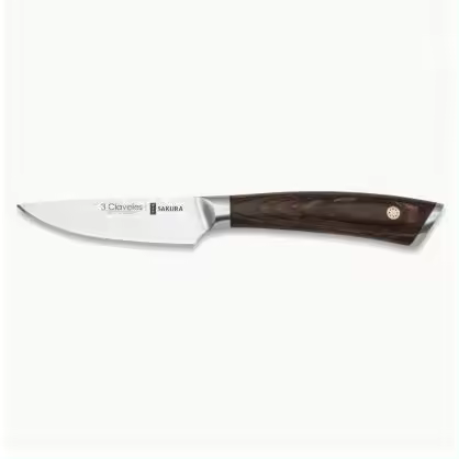 CUCHILLO VERDURAS SAKURA 9 cm  3 Claveles  Material: Acero Inoxidable  Materiales mango: Madera de Pakka  Producción: Forjado  Características: Martillado  Presentación: Estuche  Acabado: Brillo  Modelos: Sakura  Tipo: Cuchillos Verduras - 1