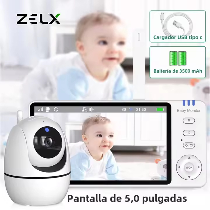 Monitor De Bebé Con Cámara PTZ 4X Zoom Pantalla De 5 Pulgadas Audio Bidireccional Seguridad Familiar Monitorización De Temperatura - 1