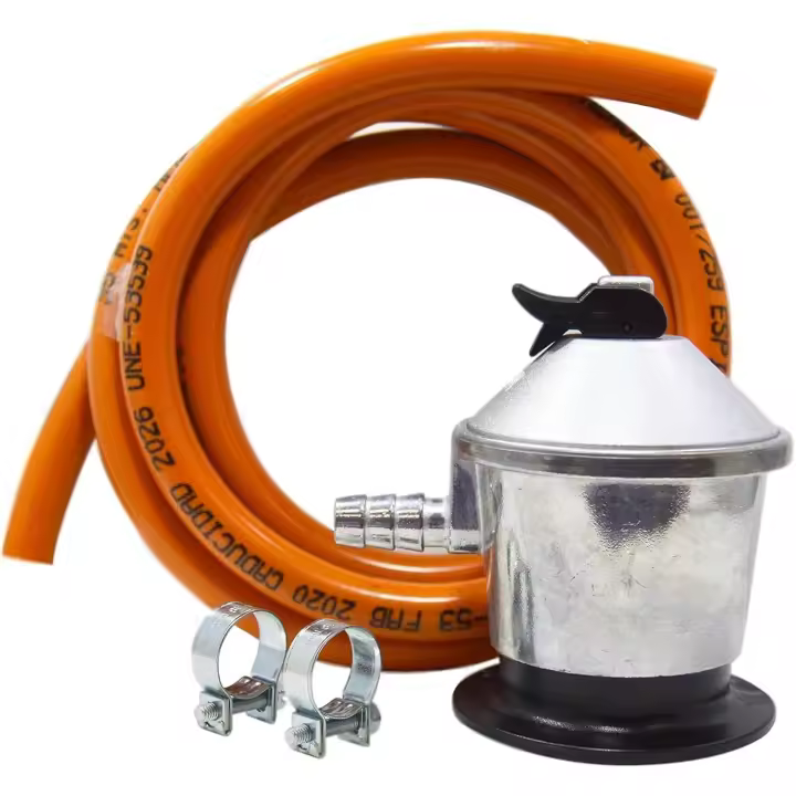 QBAK Kit completo butano: Regulador de gas butano + Tubo Goma 1,5 metros + 2 abrazaderas de seguridad | Homologado para España | Apto para cocinas, estufas, calderas y barbacoas - 1