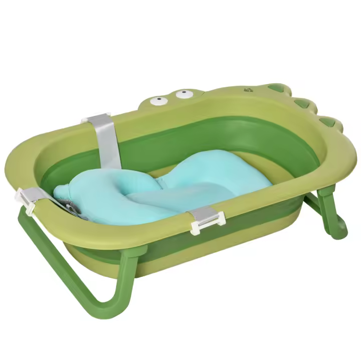 HOMCOM Bañera Plegable para Bebé Recién Nacido hasta 3 Años 50 Litros con Cojín Cómodo y Patas Plegables Carga 50 kg 80x53,9x20,8 cm Verde - 1