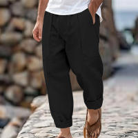 Pantalones de hombre de algodón y lino de estilo americano de talla grande, transpirables y absorbentes del sudor, de color sólido, pantalones casuales básicos de pierna ancha para hombre - details 11