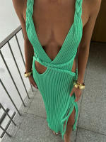 Vestido De Encaje Sin Espalda Nibber Para Mujer Con Abertura Irregular Y Cuello En V Cruzado En La Banda Baja Y Laterales Para Fiestas De Playa Y Vacaciones - details 13