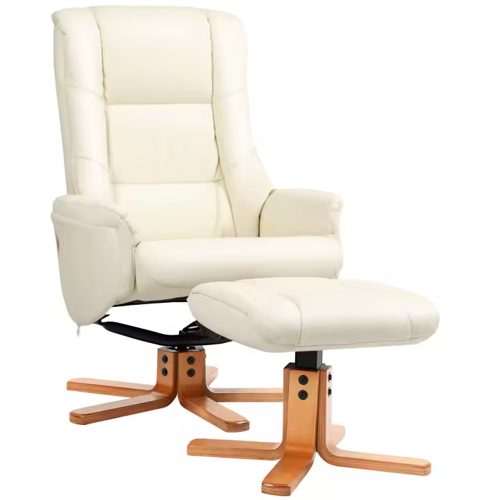 HOMCOM GARSillón relax  con taburete, sillón de televisión con función reclinable, función basculante, sillón de TV con respaldo alto, patas de madera para sala de estar, dormitorio, cuero sintético - 1