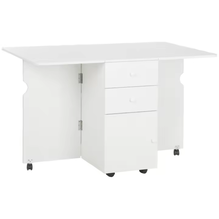 HOMCOM Mesa de Comedor Plegable Mesa de Cocina Extensible Alas Abatibles con 6 Ruedas y 2 Cajones de Almacenamiento de Estilo Moderno 120x80x75 cm Blanco - 1