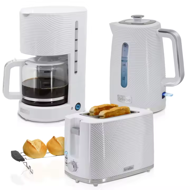 Briebe SKT1178WHT Elegance Set Tostador Pan Ranura Ancha 2 Rebanadas, Hervidor Agua Eléctrico 1,7L Cafetera 1,25L, , Blanco - 1