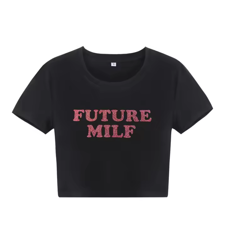 FUTURE MILF Black Baby Crop Tee Aesthetic Top 2000s Inspired Tee Y2K Slogan Graphic Fashion Girls Cotton T-Shirt Gift For Her - 1