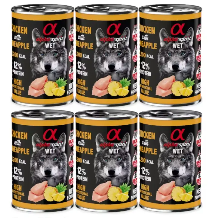 Pack 6 latas x 400 Gr - Alpha Spirit Comida Húmeda de Pollo con piña para Perros - 1