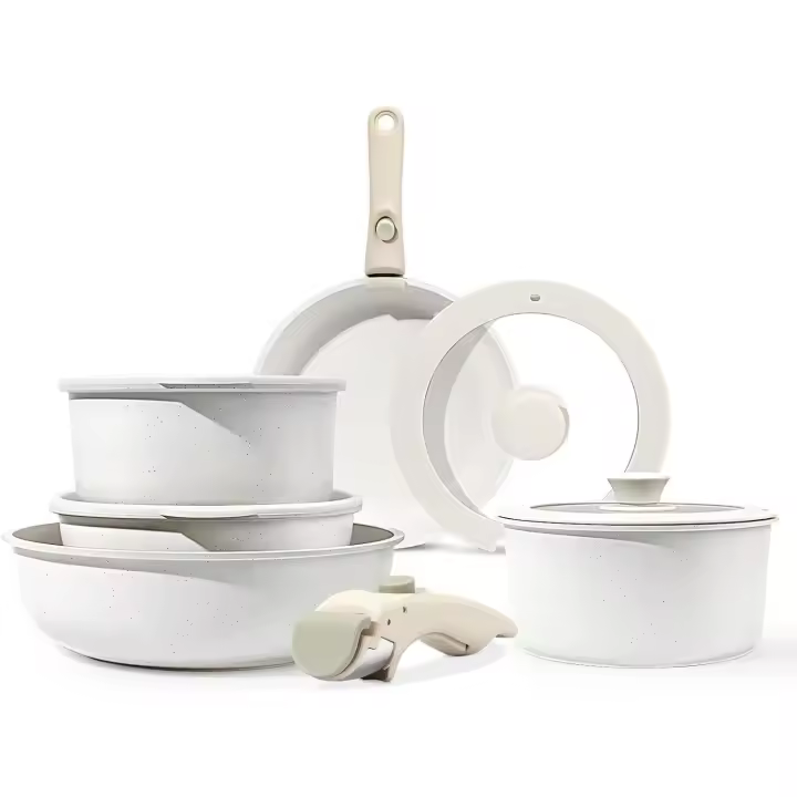 Juego de 11 ollas y sardén, no pegajoso, Mango desmontable, cocina de inducción, Mango desmontable, Cocina RV, seguridad Horno/lavavajas (Blanco, 11PCS) - 1