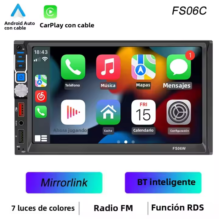 BQCC Reproductor MP5 Para Coche 7'' HD 2Din Con Mirrorlink USB TF FM RDS Radio Luces Coloridas Android AUTO Carplay Carga USB FS06W - 1