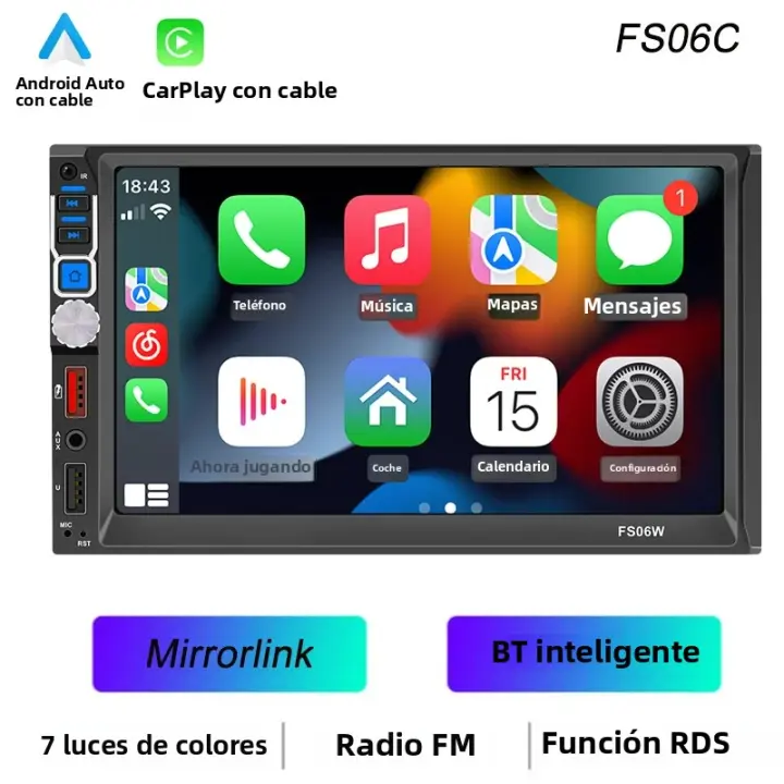 BQCC Reproductor MP5 Para Coche 7'' HD 2Din Con Mirrorlink USB TF FM RDS Radio Luces Coloridas Android AUTO Carplay Carga USB FS06W - 1