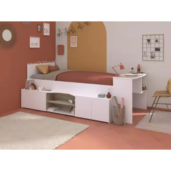 Vente-unique - Cama de 90 x 190/200 cm con escritorio y almacenamiento - blanco y natural - JOCHIANE - 1