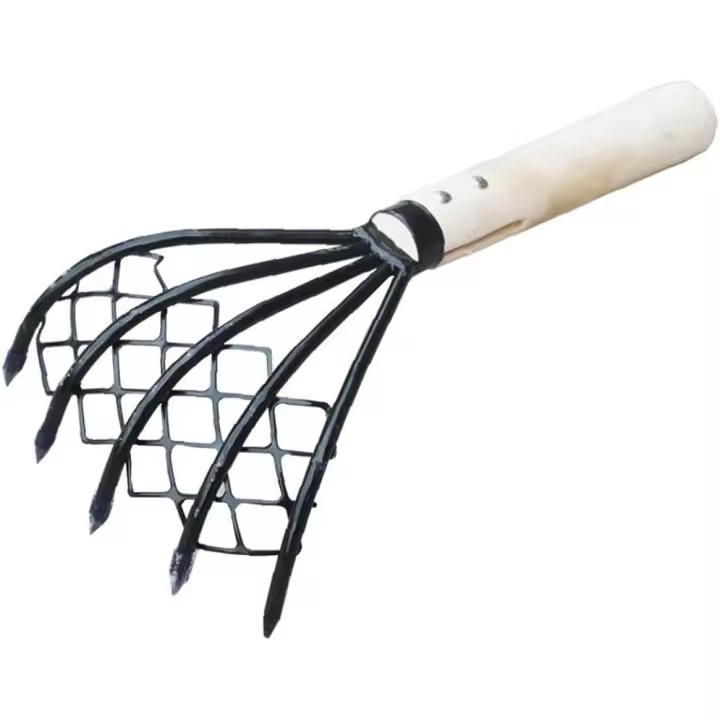 Rastrillo para almejas con red, mango de madera de 5 garras, herramienta para excavar conchas, accesorios para mariscos, herramienta agrícola para deshierbe, horquilla con mango de madera - 1