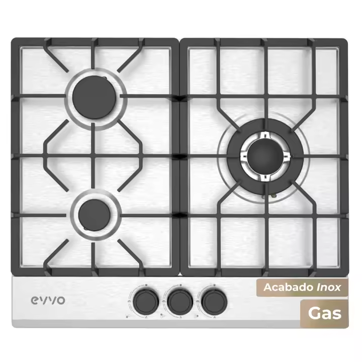 Placa de Gas EVVO V66 Inox — 3 quemadores, acabado acero inoxidable, compatible con Gas Natural y Butano - 1
