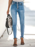 Nuevas Jeans Stretchy Para Niñas Cintura Alta Vintage Azul Mecánica Recta Casual Pantalones De Calle Con Botones Y Bolsillos - details 6
