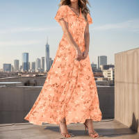Vestido Largo De Mujer Elegante En Chiffon Floral Con Manga Corta Y Cuello En V A-Line Con Volante Y Cintura Empresarial Para Verano - details 12
