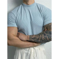 Camiseta De Hombre Elástica Y Cómoda Para Primavera Y Verano Con Cuello Alto Y Rayas Camiseta Deportiva Casual Con Mangas Cortas Para Fitness - details 6