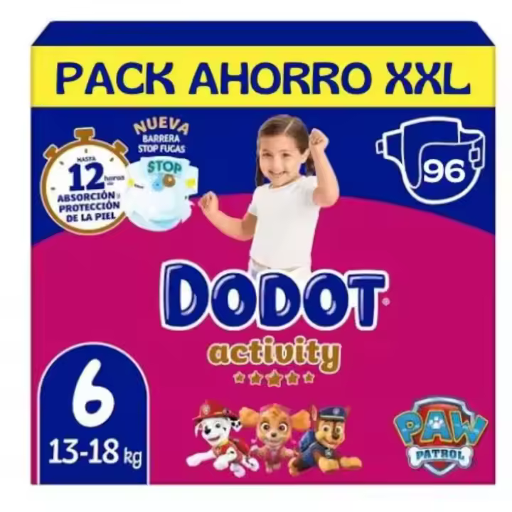 96 Pañales Dodot Talla 6 (13-18kg) Pañales Activity  Con Barrera STOP Fugas Que Ayuda A Prevenir Fugas Traseras - 1