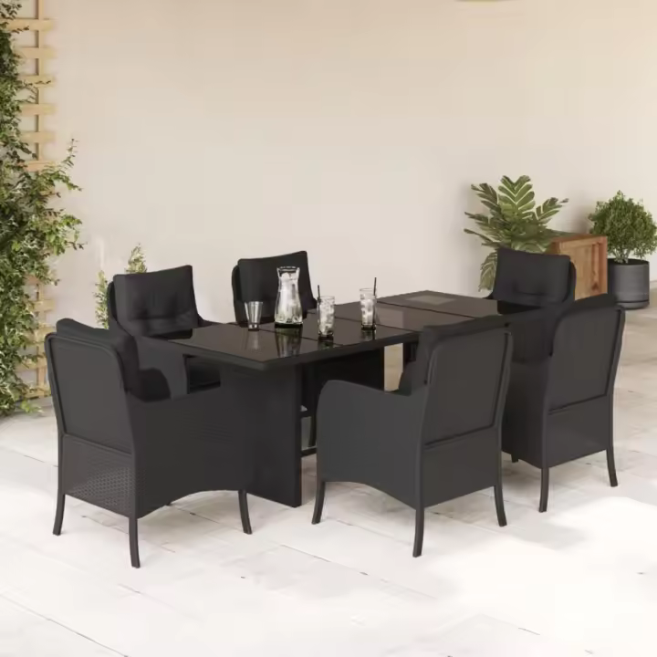 vidaXL Set de comedor de jardín 7 pzas y cojines ratán sintético negro - 1