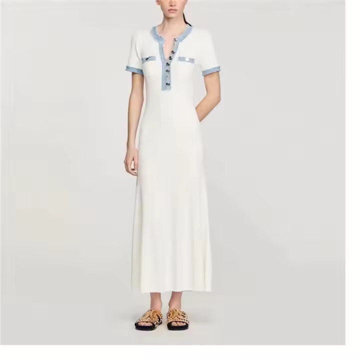 Vestido Maxi De Punto Elegante Para Mujer Con Cuello Redondo Y Manga Corta Botones Metálicos Ajustado Para Oficina Y Viajes - 1