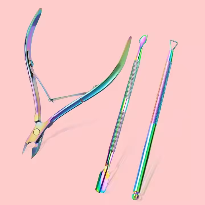 Kit De Herramientas De Manicura 3pcs Alicate Y Empuñadura De Cutícula En Acero Inoxidable Colores Arcoíris Para Uñas Y Tendones - 1