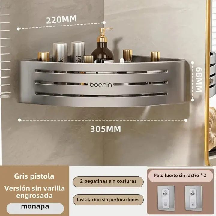 Estante De Rincón Para Baño Con Gancho Y Barra De Toallas De Aluminio No Perforado Organizador De Espacio Para Ducha Montaje En pared - 1