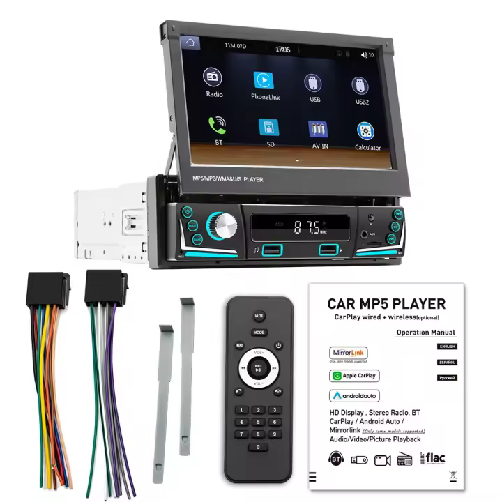 Reproductor Multimedia MP5 De 7 Pulgadas Con Android Auto Y CarPlay Retráctil 1DIN Pantalla HD Inalámbrica Bluetooth FM USB AUX Para Coche - 1