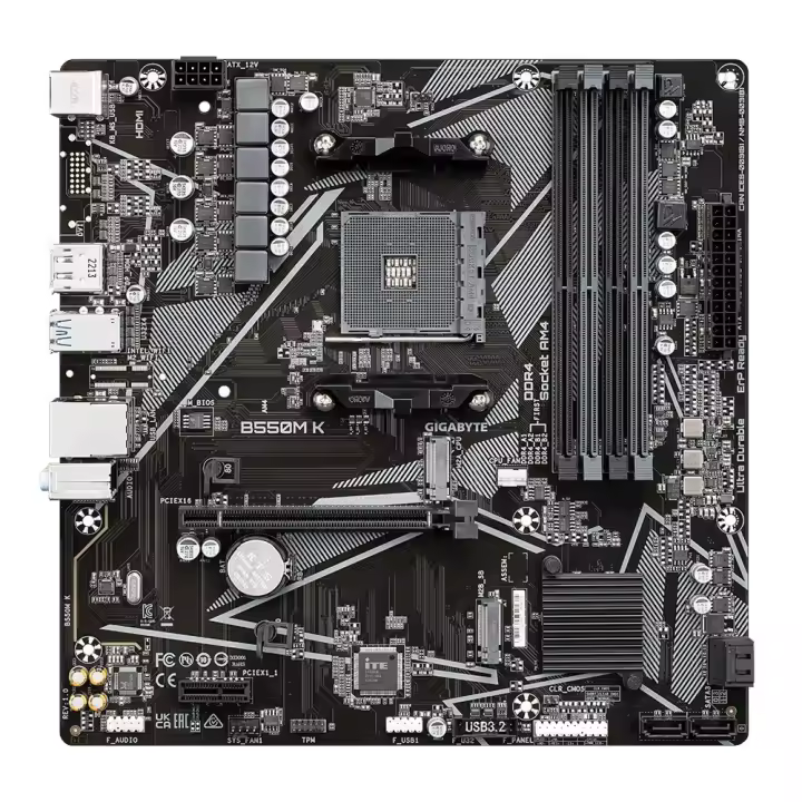 Gigabyte - Placa base B550M K 1.0 para procesadores AMD Ryzen 3000/4000/5000, compatible con DDR4 hasta 4733 MHz y 128 GB, con ranuras M.2 y salidas HDMI/DisplayPort - 1