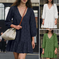 ZANZEA Vestido Mini De Verano Para Mujer Estilo Casual Con Encaje Bordado Hueco Y Manga Puff Vuelta En El Cuello Vestidos Puff Sleeve A-Line - details 1
