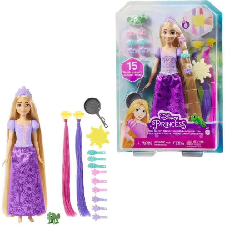 Disney Princess Rapunzel peinados mágicos Muñeca princesa con extensiones y accesorios para el pelo, juguete +3 años (Mattel HLW18) - 1