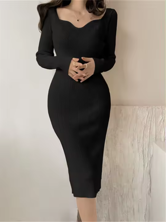 Vestido Midi Bodycon De Lana Para Mujer Seoulish Otoño Invierno Con Cuello Cuadrado Y Manga Larga Estilo Elegante Oficina - 1
