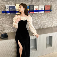 Vestido De Noche Elegante Para Mujer Con Volantes Y Patchwork Manga Larga Hombro Descubierto A-line Con Abertura Alta Vestido De Boda Y Fiesta - details 9