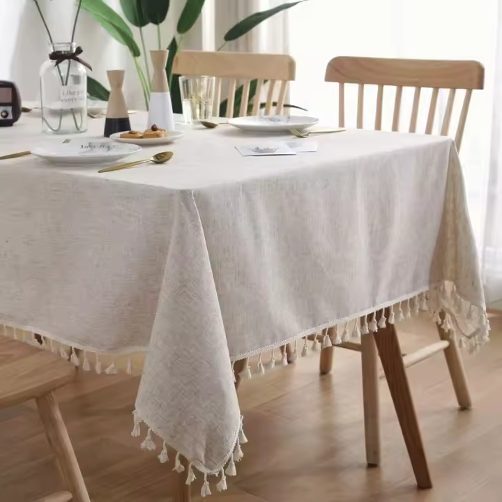 SOMY Mantel Rectangular Antimanchas Lavable Mantel Color Sólido Borla Mantel Oblongo Algodón Lino Funda de Mesa para Cocina Mesa de Comedor Decoración Buffet (Beige, 140x180 cm) Manteles - 1