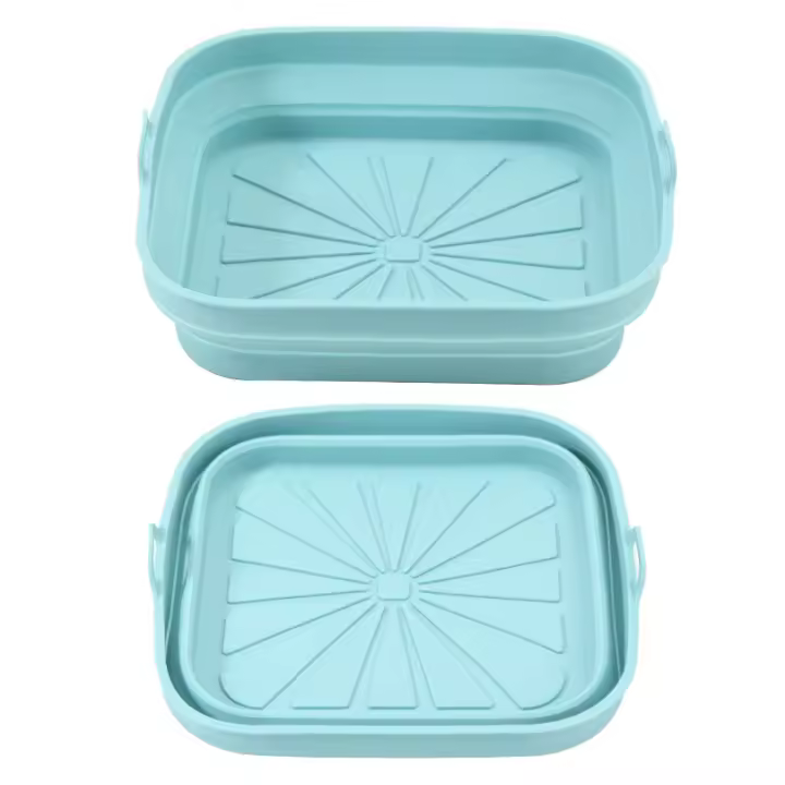 ZC Moldes Silicona Freidora de Aire, 2 Piezas Bandeja Accesorios para Freidora sin Aceite Reutilizable Recipientes Cuadrado Cesta Utensilios para Air Fryer, Microondas, Horno (Azul Claro+Gris) - 1