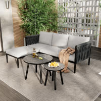 Juego de muebles de Jardín, juego de Esquina, sofá + 2 mesas de café + reposapiés, Malla de Cuerda Gruesa, Mesa de Vidrio con surface de Mármol, para Jardines, piscinas y otras áreas al Aire Libre, Gris - details 2