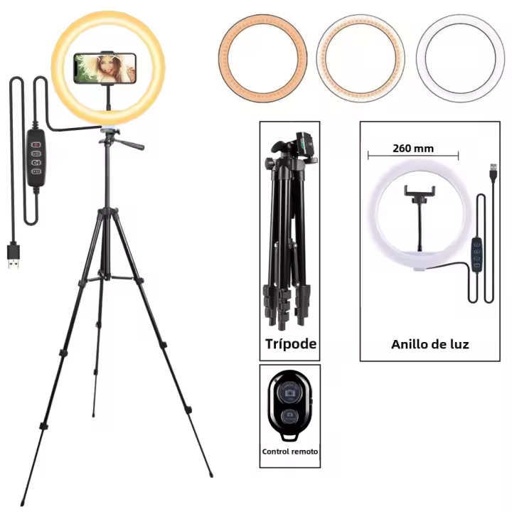BIT Anillo de luz LED con trípode, lámpara en forma de aro con soporte para el teléfono móvil, apta para selfis, vídeos de YouTube y fotografía - 1