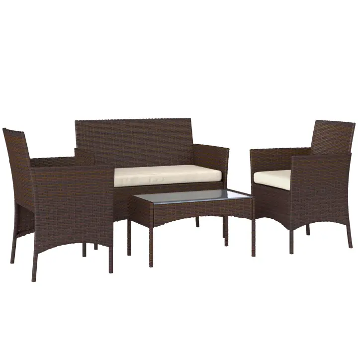 Outsunny Conjunto Jardín Exterior de Ratán con Cojines Conjunto Terraza Resistente a la Intemperie Muebles Jardín Exterior con 2 Sillones Sofá de 2 Plazas Mesa con Cristal Marrón - 1