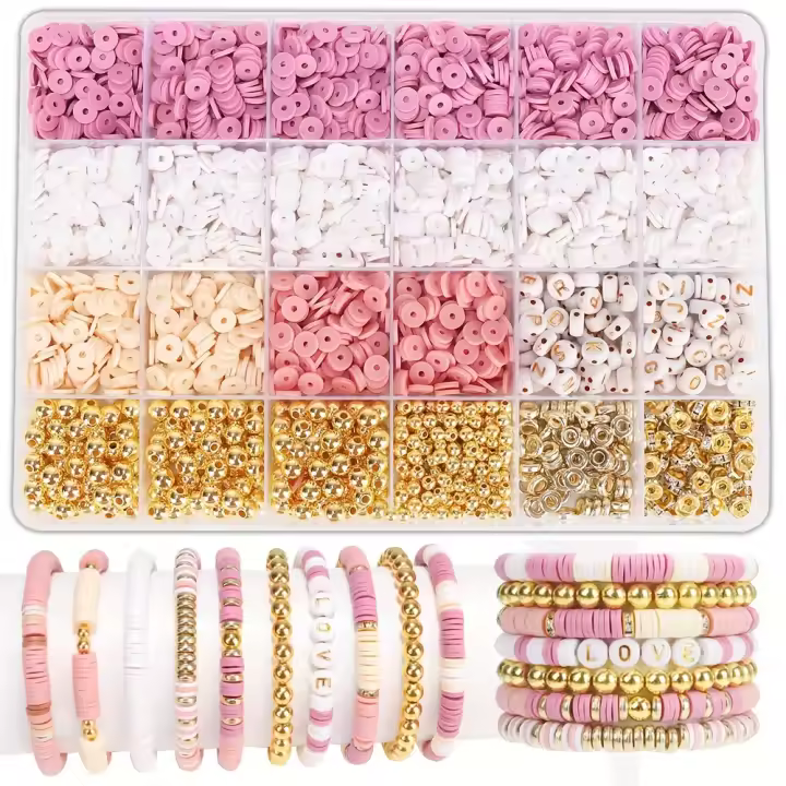 Kit De Hacer Pulseras De Arcilla Boho Estilo Para DIY Joyería Con Cuentas Doradas Y Rosadas Para Amistad 1 Caja - 1