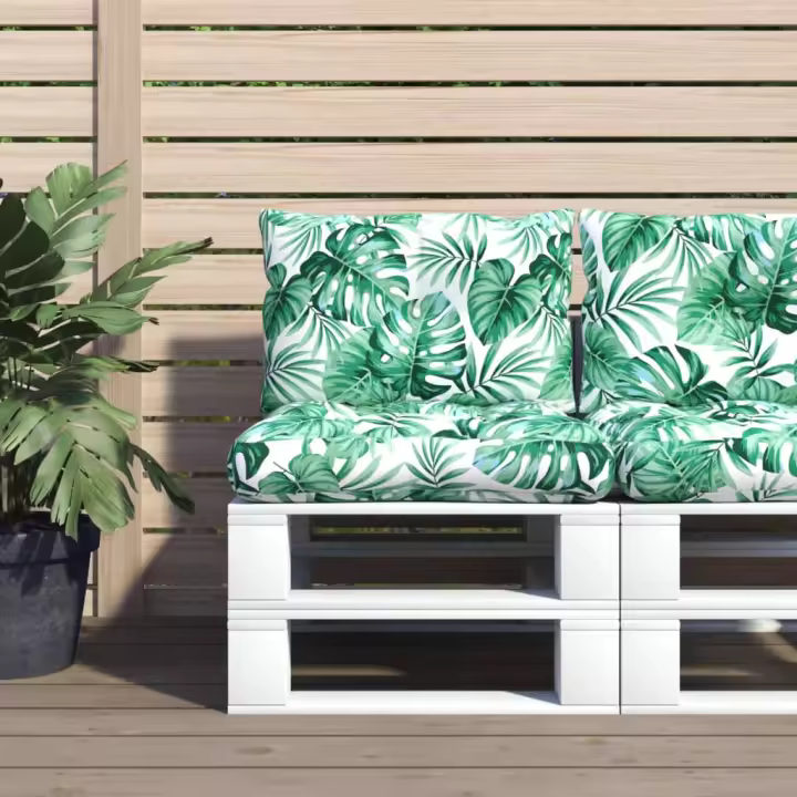 vidaXL Cojines para palets 2 unidades tela estampado de hojas en color Diseño de hojas/Azul/Azul real y más | acolchados duraderos para sofás de jardín terraza exterior - 1