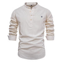 Camisa delgada de primavera y verano para hombre, moda informal, color sólido, talla europea, camisa de manga larga, top bordado de algodón y lino - details 2