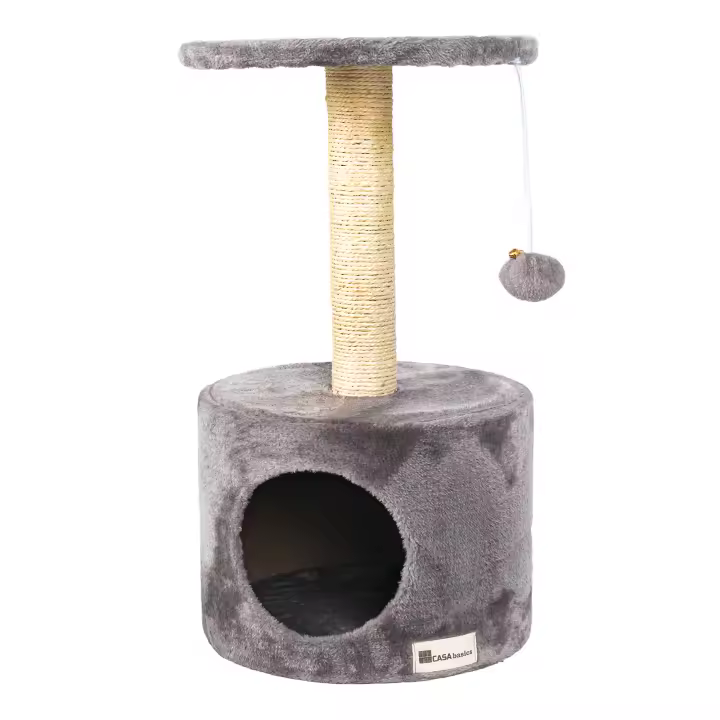 Casa Basics - Rascador para gatos KUCHI, Árbol para Gatos, Alto: 59 cm, 1 caseta, 1 Plataforma Mirador, 1 pompon, Negro/Gris/Beige - 1