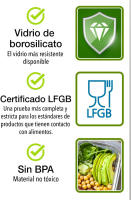 Happy Friends - Set 3 de Fiambreras de Cristal Rectangulares | Cuadradas | Redondas - Juego de 3 Recipientes de Almacenamiento de Alimentos de Cristal con Tapas de Cierre - Diferentes Tamaños y Modelos - Sin BPA - Transparente - Tapa Color Azul - details 7