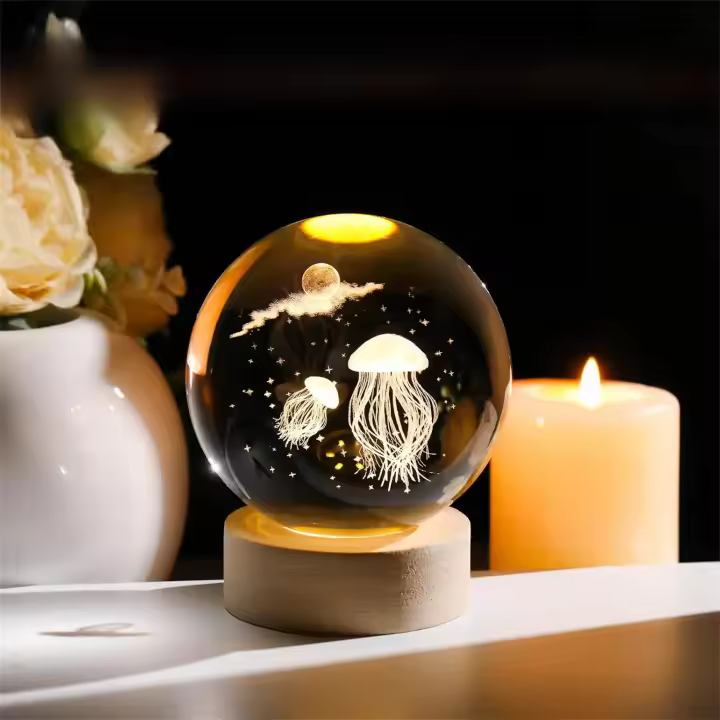 Lámpara De Noche De Cristal De Medusa En Forma De Bola Con Base De Madera Y USB Crear Ambiente Festivo Luz LED De Bajo Consumo - 1