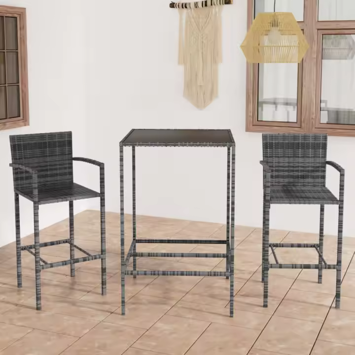 vidaXL Mesa y taburetes altos jardín 3 piezas ratán sintético gris - 1