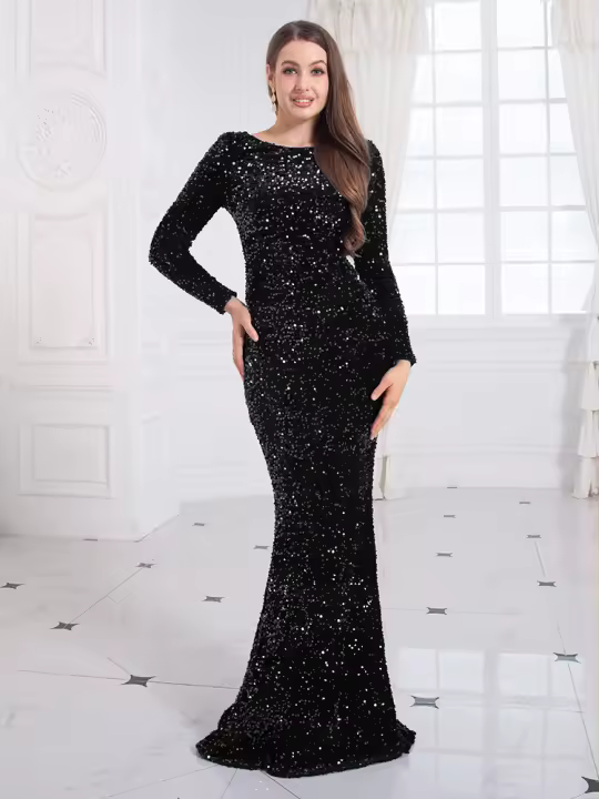 Vestido De Noche Largo En Rojo Real Con Lentejuelas Y Ajuste Corporal Manga Larga Estilo Mermaid Para Fiesta Vestido Sexy Y Club - 1