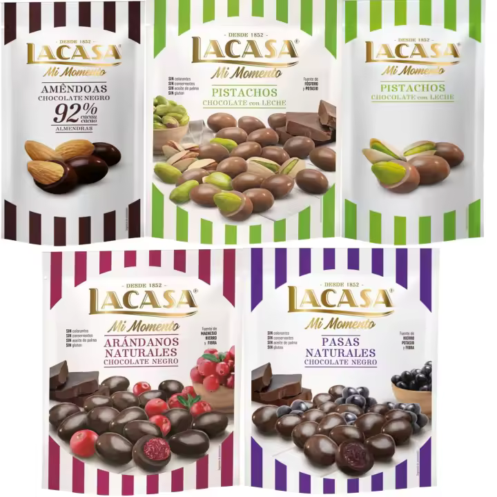Lacasa Mi Momento pack de 5:Pistacho Chocolate Leche ,Almendra 92% ,Arándano Chocolate Negro ,Pasas Chocolate Negro ,Pistacho Chocolate Leche - 1