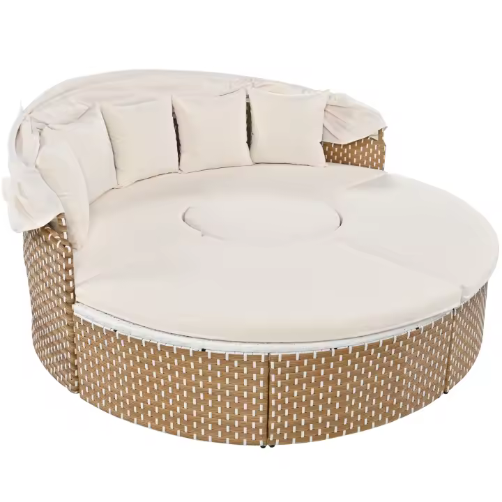 Conjunto Sun Island de Jardín en Ratán Tejido | Tumbona en Forma de Concha + Mesa Elevable with Toldo Retráctilla UV50 + | Diseño Beige Clásico | Incluye Todo El Juego: 2 Sillas, Mesa y Accesorios - 1