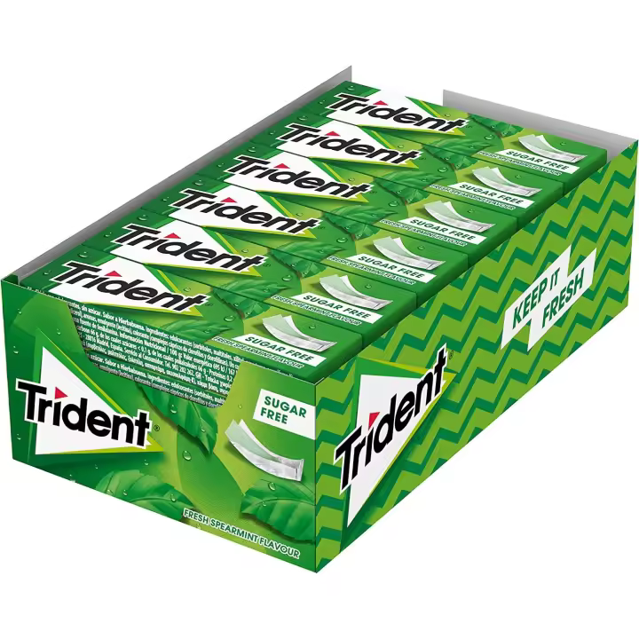 Trident lámina - Chicles sin Azúcar con Sabor a Hierbabuena, Fresa o Menta - Caja con 24 unidades de deliciosos chicles tipo lámina de Trident con sabor duradero - Es la goma de mascar más suave. Está elaborada sin azúcar para que puedas sonreír a la vida - 1