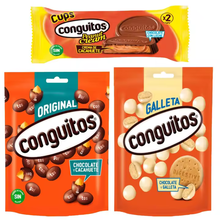Pack Conguitos galleta blanco doyp 120g,Conguitos negros doypack 220g,Conguitos cups leche 34g - 1