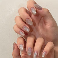 24Pcs Uñas Postizas De Cabeza Redonda Y Corta Con Diseño De Ojo De Liebre Plata Uñas Postizas De Cubierta Completa Almendra Para Manicura - details 0